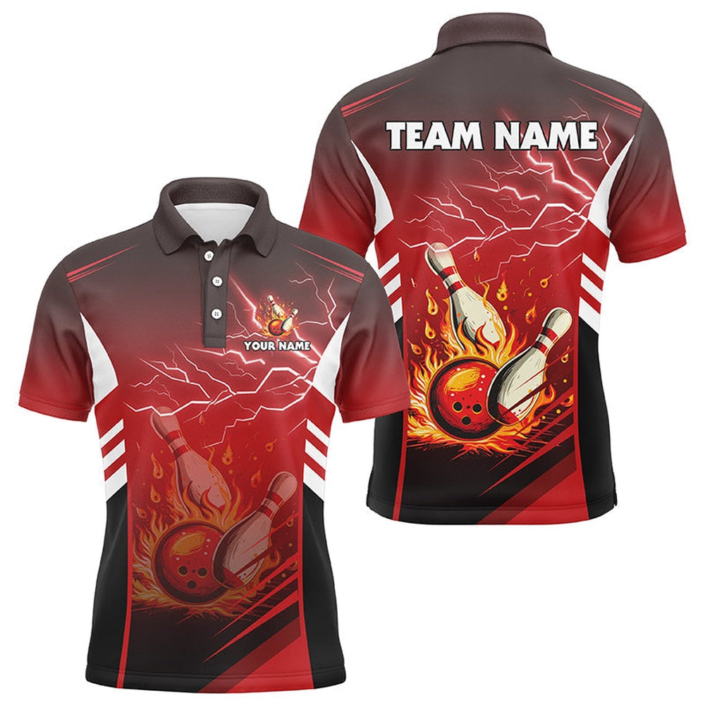 Custom Bowling Polo Shirts, Flame Bowling Ball And Pins Lightning Custom Men Bowling Polo Shirts, Team Bowling Jerseys Red