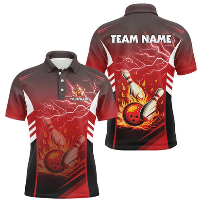 Custom Bowling Polo Shirts, Flame Bowling Ball And Pins Lightning Custom Men Bowling Polo Shirts, Team Bowling Jerseys Red