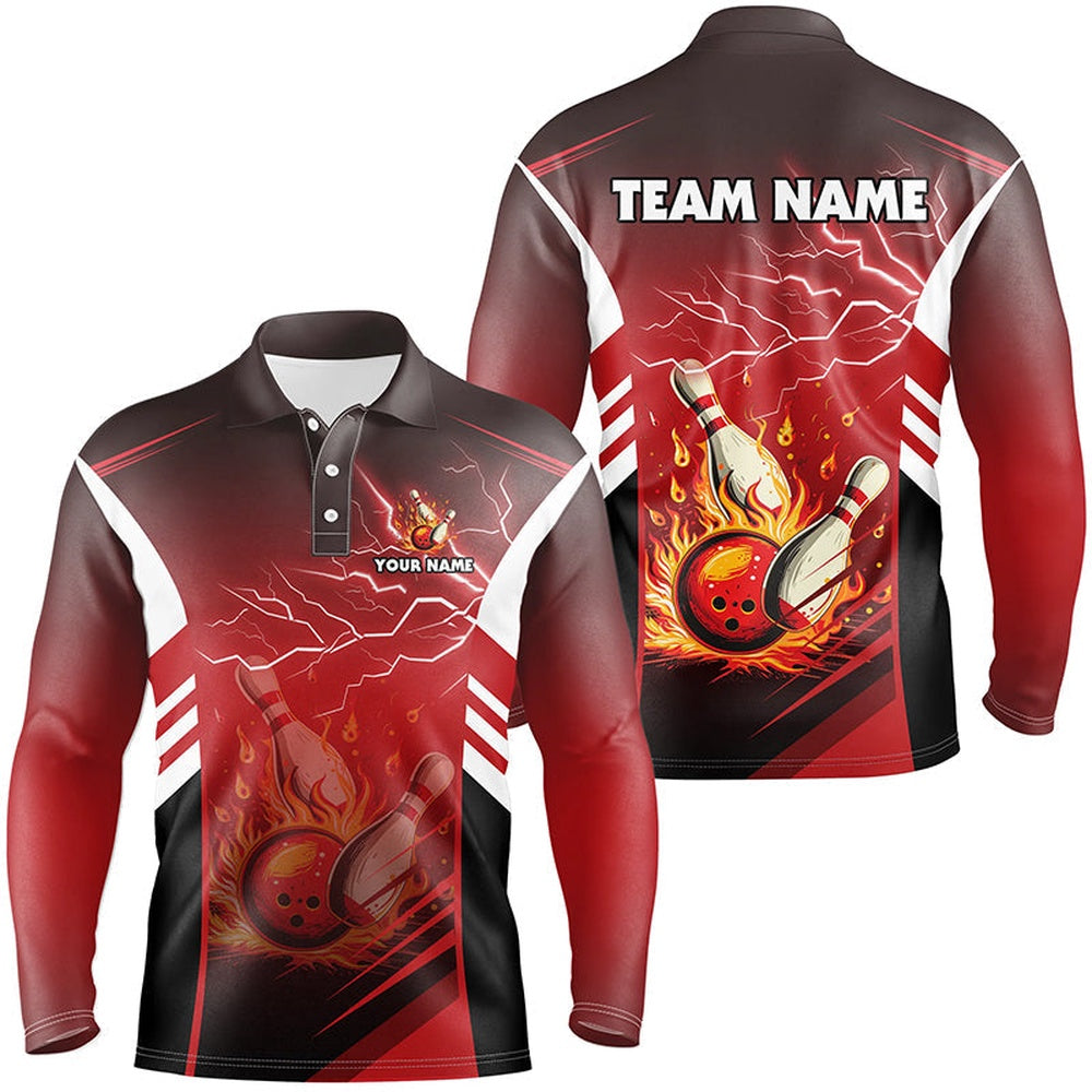 Custom Bowling Polo Shirts, Flame Bowling Ball And Pins Lightning Custom Men Bowling Polo Shirts, Team Bowling Jerseys Red