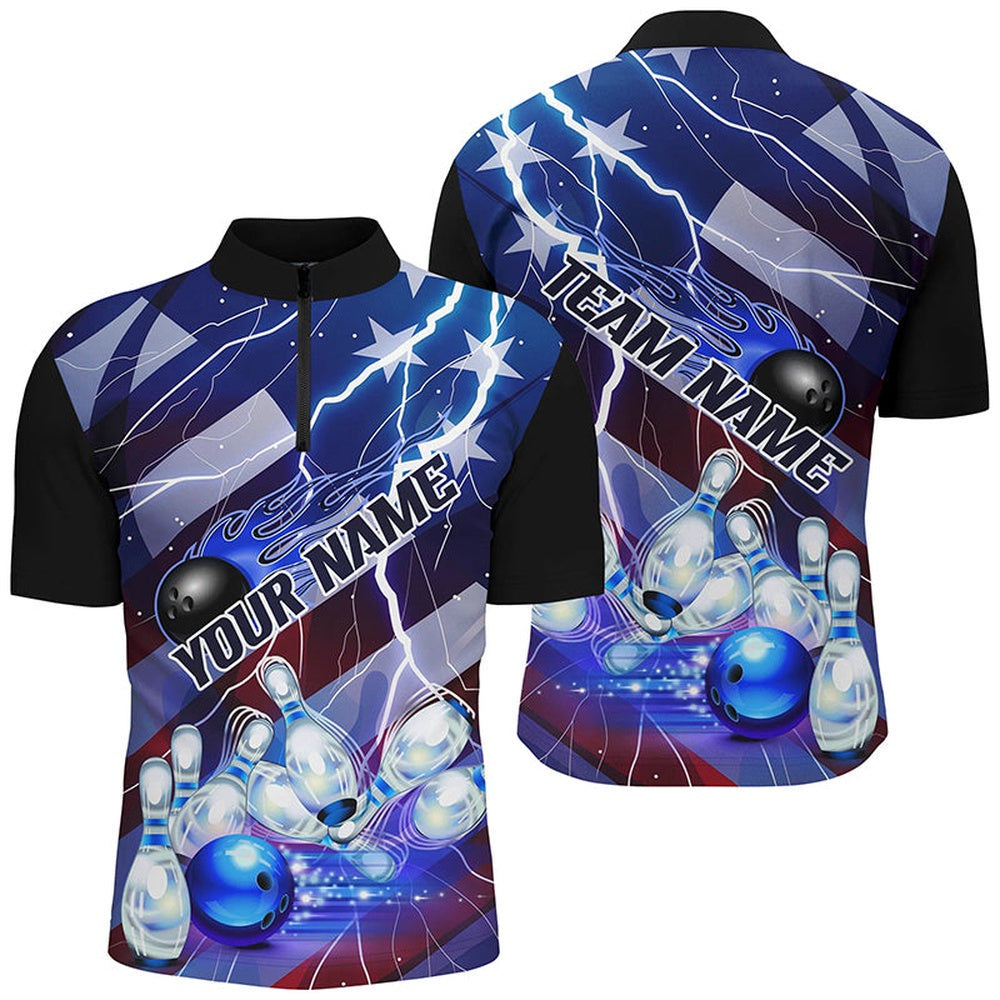 Custom Bowling Polo Shirts, Flame Bowling Ball Blue Lightning American Flag Custom Name Bowling Team Shirts For Men And Women