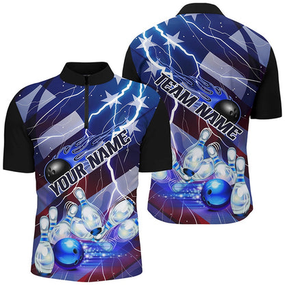 Custom Bowling Polo Shirts, Flame Bowling Ball Blue Lightning American Flag Custom Name Bowling Team Shirts For Men And Women