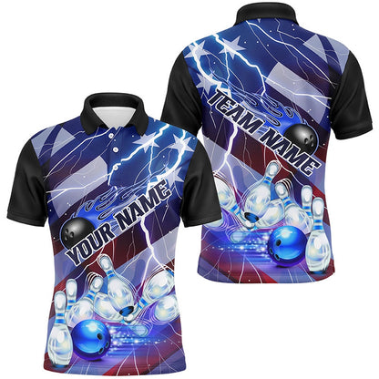 Custom Bowling Polo Shirts, Flame Bowling Ball Blue Lightning American Flag Custom Name Bowling Team Shirts For Men And Women