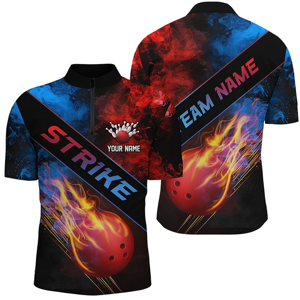 Custom Bowling Polo Shirts, Flame Bowling Ball Custom Bowling Shirts For Men And Women, Red And Blue Smoke Bowler Outfit