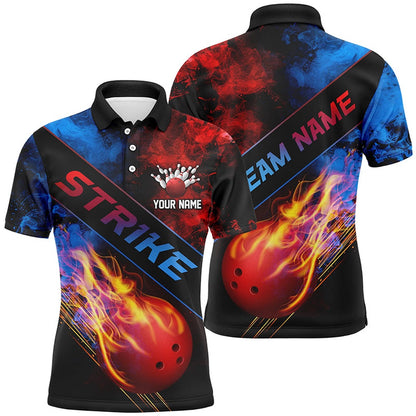 Custom Bowling Polo Shirts, Flame Bowling Ball Custom Bowling Shirts For Men And Women, Red And Blue Smoke Bowler Outfit
