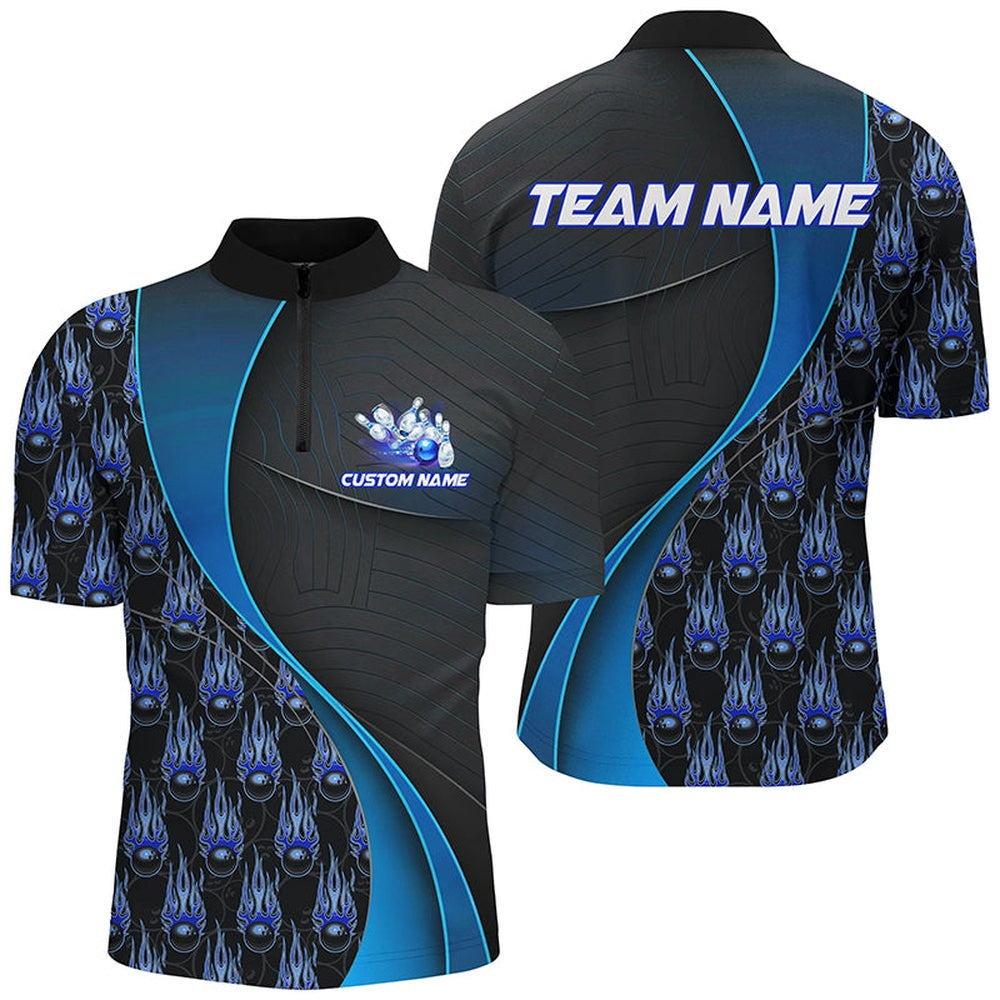 Custom Bowling Polo Shirts, Flame Bowling Ball Pattern Custom Bowling Shirts For Men And Women, Bowling Team Jerseys Blue