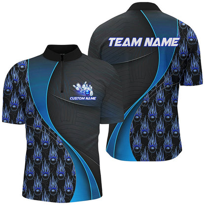 Custom Bowling Polo Shirts, Flame Bowling Ball Pattern Custom Bowling Shirts For Men And Women, Bowling Team Jerseys Blue