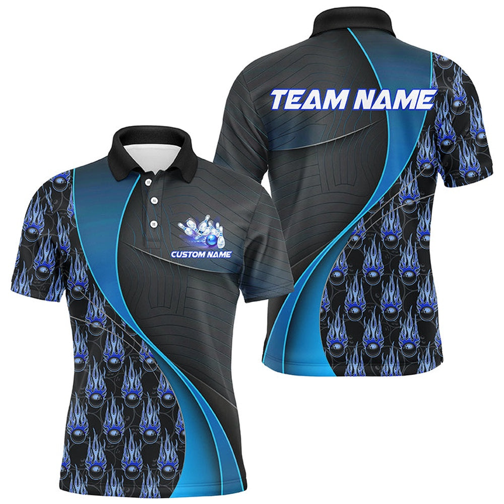 Custom Bowling Polo Shirts, Flame Bowling Ball Pattern Custom Bowling Shirts For Men And Women, Bowling Team Jerseys Blue