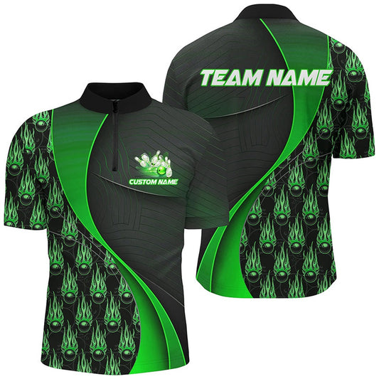 Custom Bowling Polo Shirts, Flame Bowling Ball Pattern Custom Bowling Shirts For Men And Women, Bowling Team Jerseys Green