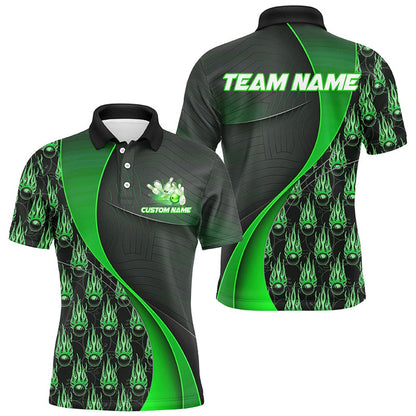 Custom Bowling Polo Shirts, Flame Bowling Ball Pattern Custom Bowling Shirts For Men And Women, Bowling Team Jerseys Green
