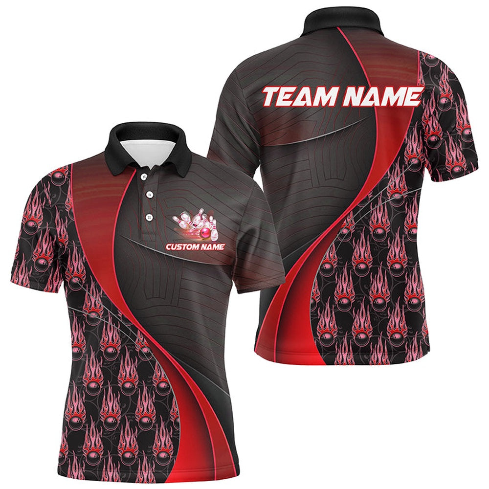 Custom Bowling Polo Shirts, Flame Bowling Ball Pattern Custom Bowling Shirts For Men And Women, Bowling Team Jerseys Red