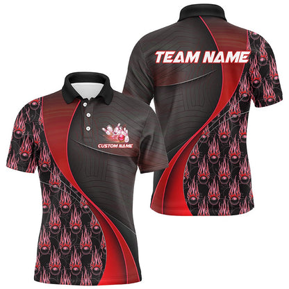 Custom Bowling Polo Shirts, Flame Bowling Ball Pattern Custom Bowling Shirts For Men And Women, Bowling Team Jerseys Red