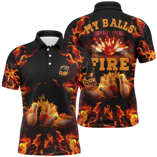 Custom Bowling Polo Shirts, Flame Bowling Shirt Custom Name My Balls Are On Fire Bowling Polo Shirts For Men, Bowling Jersey