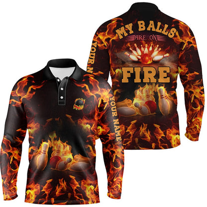 Custom Bowling Polo Shirts, Flame Bowling Shirt Custom Name My Balls Are On Fire Bowling Polo Shirts For Men, Bowling Jersey