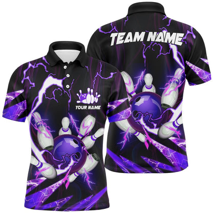 Custom Bowling Polo Shirts, Flame Lightning Thunder Bowling Ball And Pins Jerseys Custom Team Bowling Polo Shirts For Men Purple