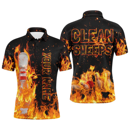 Custom Bowling Polo Shirts, Flame Men Polo Bowling Shirt, Clean Sweeps Personalized Team Bowlers Jersey