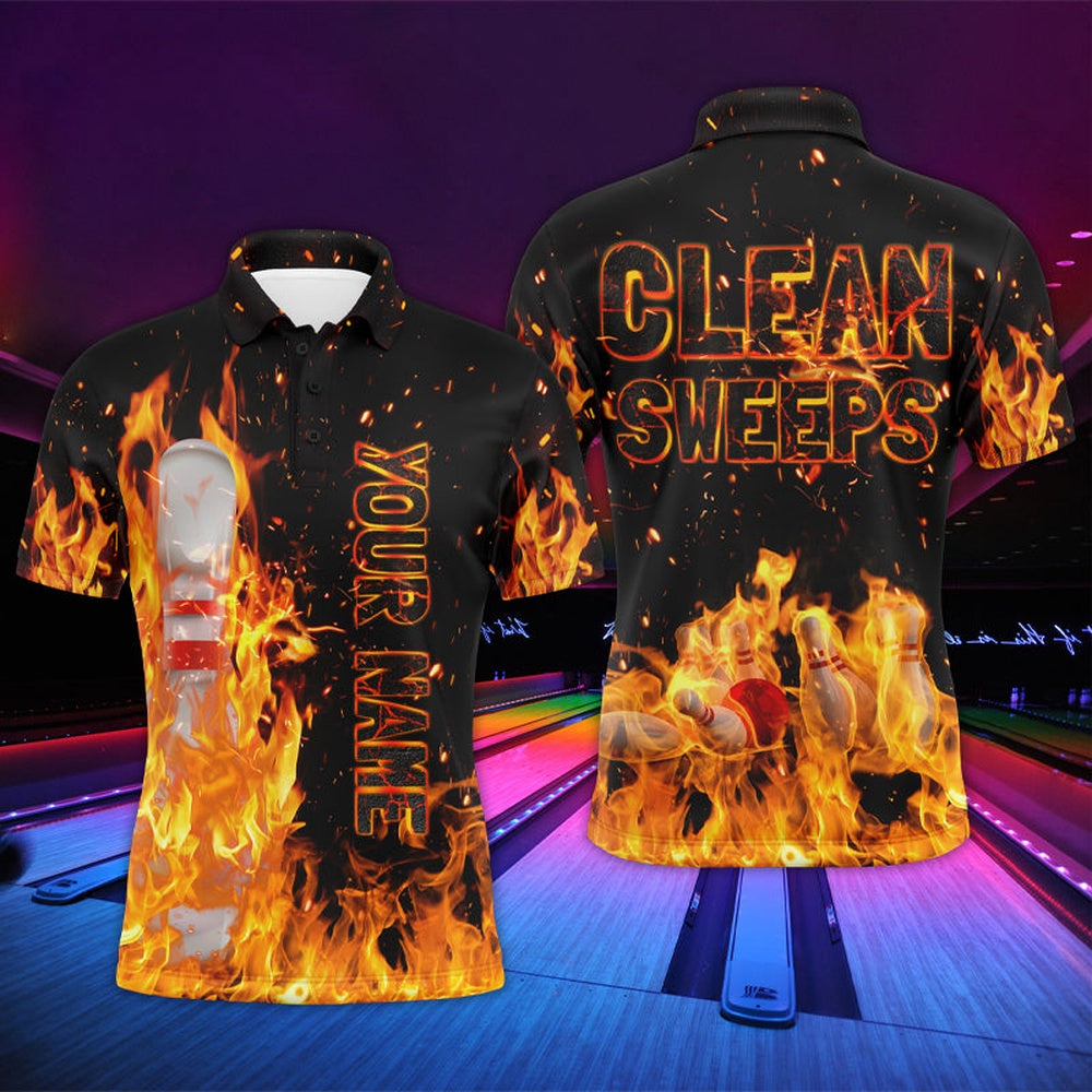 Custom Bowling Polo Shirts, Flame Men Polo Bowling Shirt, Clean Sweeps Personalized Team Bowlers Jersey