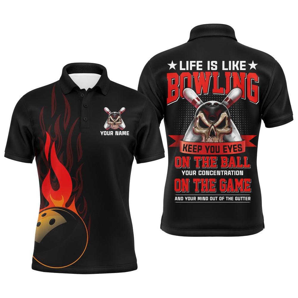 Custom Bowling Polo Shirts, Flame Men Polo Bowling Shirt, Personalized Skull Bowlers Jersey Short Sleeves