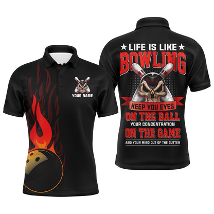 Custom Bowling Polo Shirts, Flame Men Polo Bowling Shirt, Personalized Skull Bowlers Jersey Short Sleeves