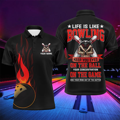 Custom Bowling Polo Shirts, Flame Men Polo Bowling Shirt, Personalized Skull Bowlers Jersey Short Sleeves