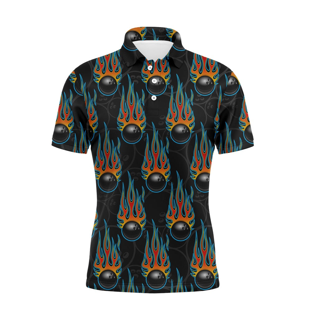 Custom Bowling Polo Shirts, Flame Polo Bowling Shirt, Personalized Men Short Sleeves Bowlers Jersey Custom Team Name