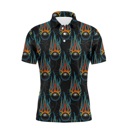 Custom Bowling Polo Shirts, Flame Polo Bowling Shirt, Personalized Men Short Sleeves Bowlers Jersey Custom Team Name