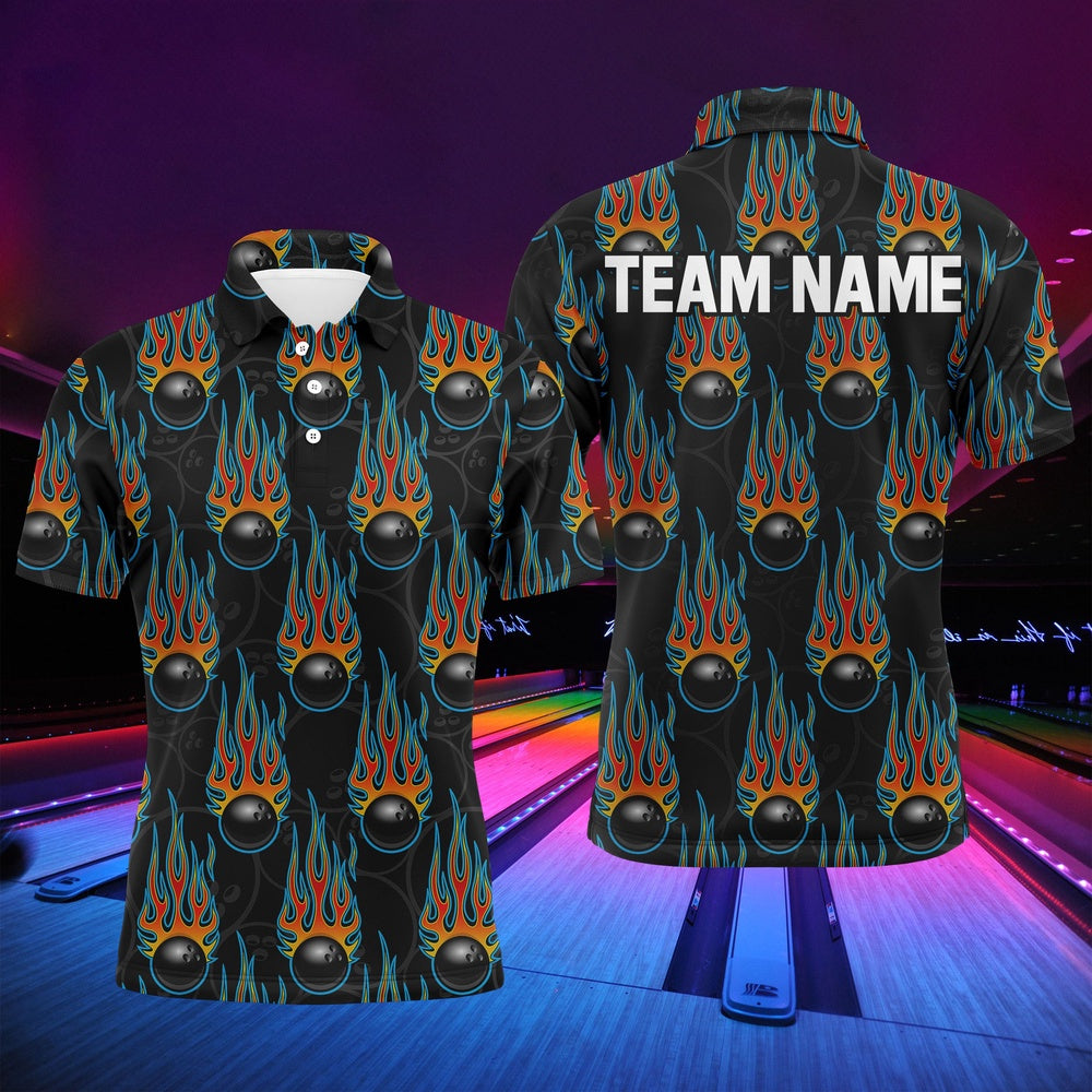 Custom Bowling Polo Shirts, Flame Polo Bowling Shirt, Personalized Men Short Sleeves Bowlers Jersey Custom Team Name