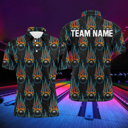Custom Bowling Polo Shirts, Flame Polo Bowling Shirt, Personalized Men Short Sleeves Bowlers Jersey Custom Team Name