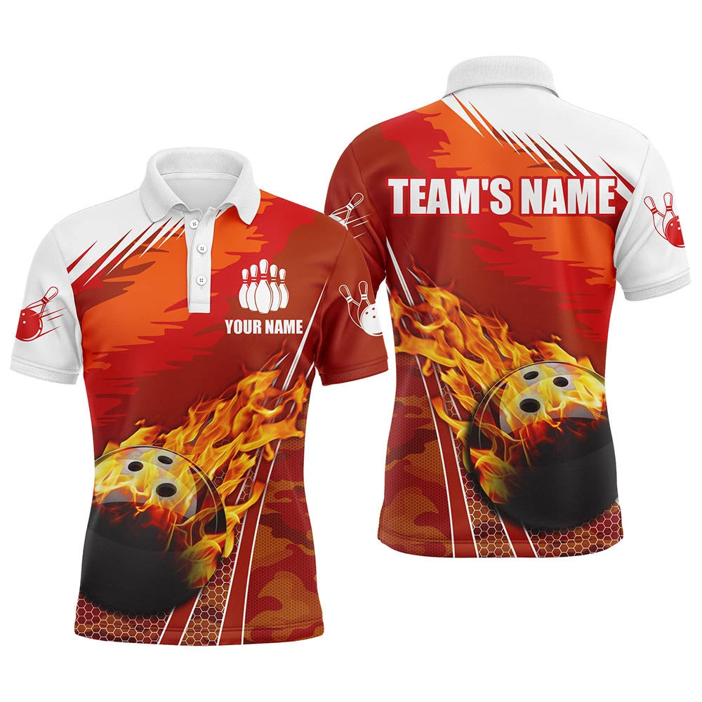 Custom Bowling Polo Shirts, Flame Polo Men'S Bowling Shirt, Custom Name Team Bowlers Jersey Short Sleeve