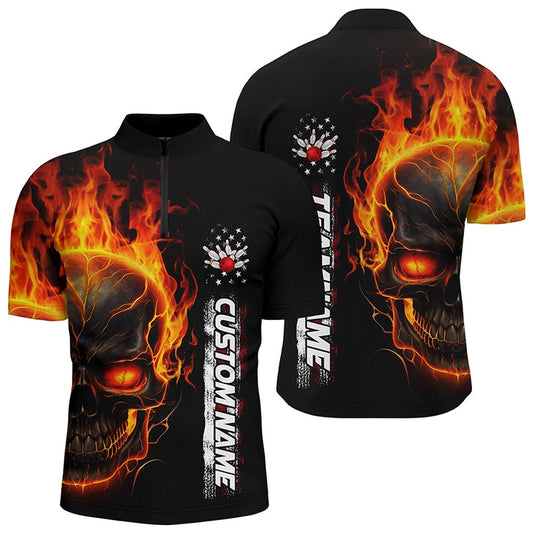 Custom Bowling Polo Shirts, Flame Skull American Flag Custom Team Bowling Shirts For Men, Patriotic Bowling Shirt