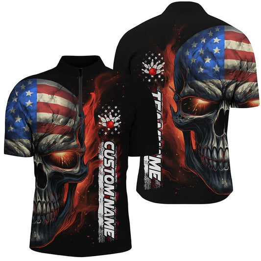 Custom Bowling Polo Shirts, Flame Skull American Flag Custom Team Bowling Shirts For Men, Patriotic Bowling Shirt Jerseys