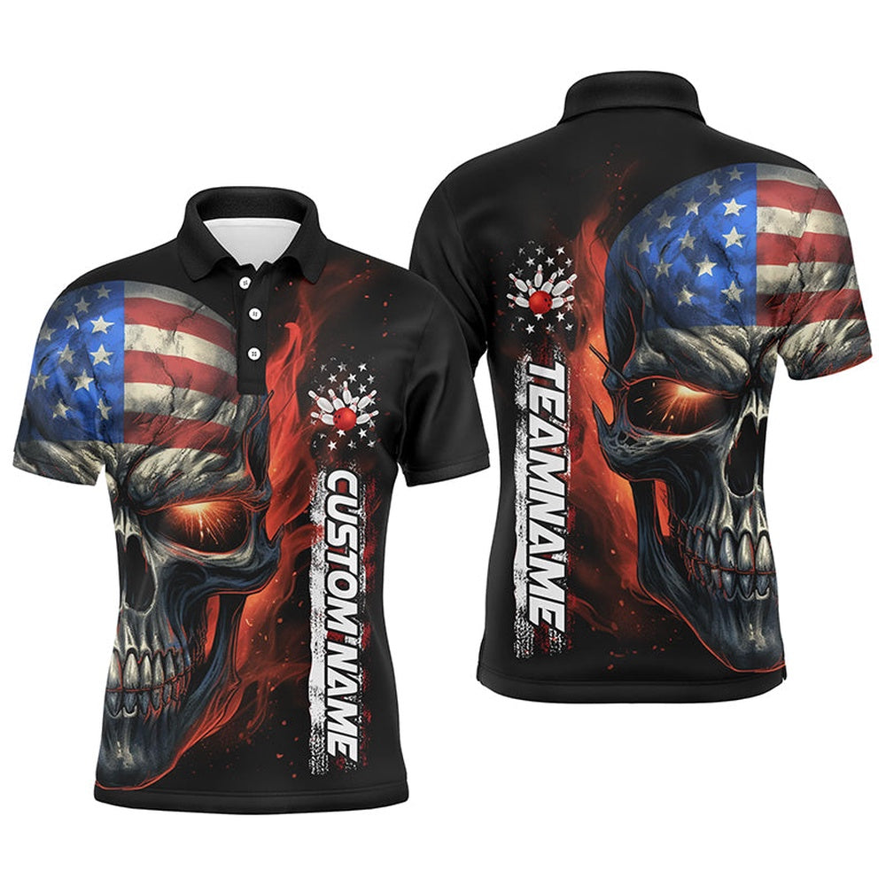 Custom Bowling Polo Shirts, Flame Skull American Flag Custom Team Bowling Shirts For Men, Patriotic Bowling Shirt Jerseys