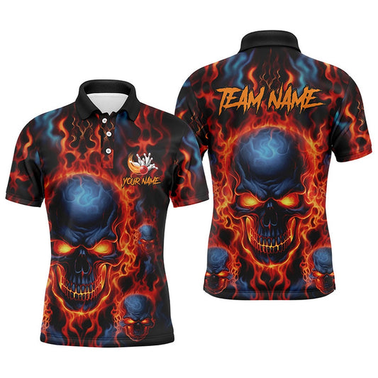 Custom Bowling Polo Shirts, Flame Skull Bowling Polo Shirts For Men With Custom Names, Team Bowling Jerseys Bowler Outfit