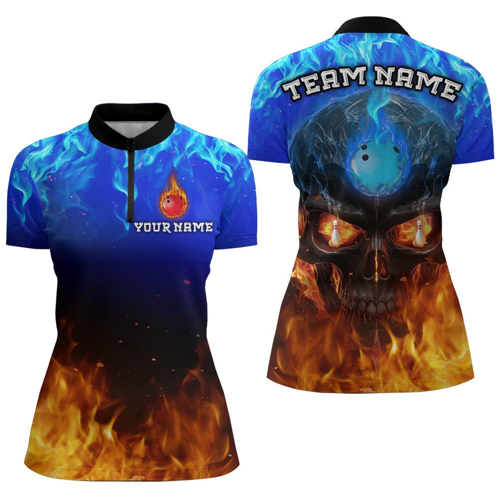 Custom Bowling Polo Shirts, Flame Skull Bowling Shirts Unisex Custom Bowling Team Jersey For Men & Women