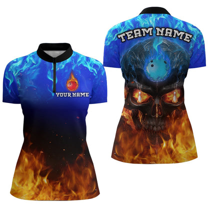 Custom Bowling Polo Shirts, Flame Skull Bowling Shirts Unisex Custom Bowling Team Jersey For Men & Women