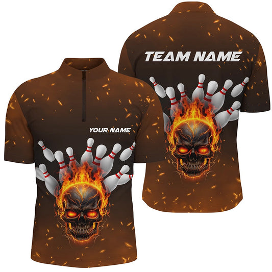 Custom Bowling Polo Shirts, Flame Skull Custom Bowling Shirts For Men, Skull Team Bowling Jersey Bowling Team Shirt