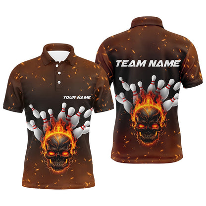 Custom Bowling Polo Shirts, Flame Skull Custom Bowling Shirts For Men, Skull Team Bowling Jersey Bowling Team Shirt