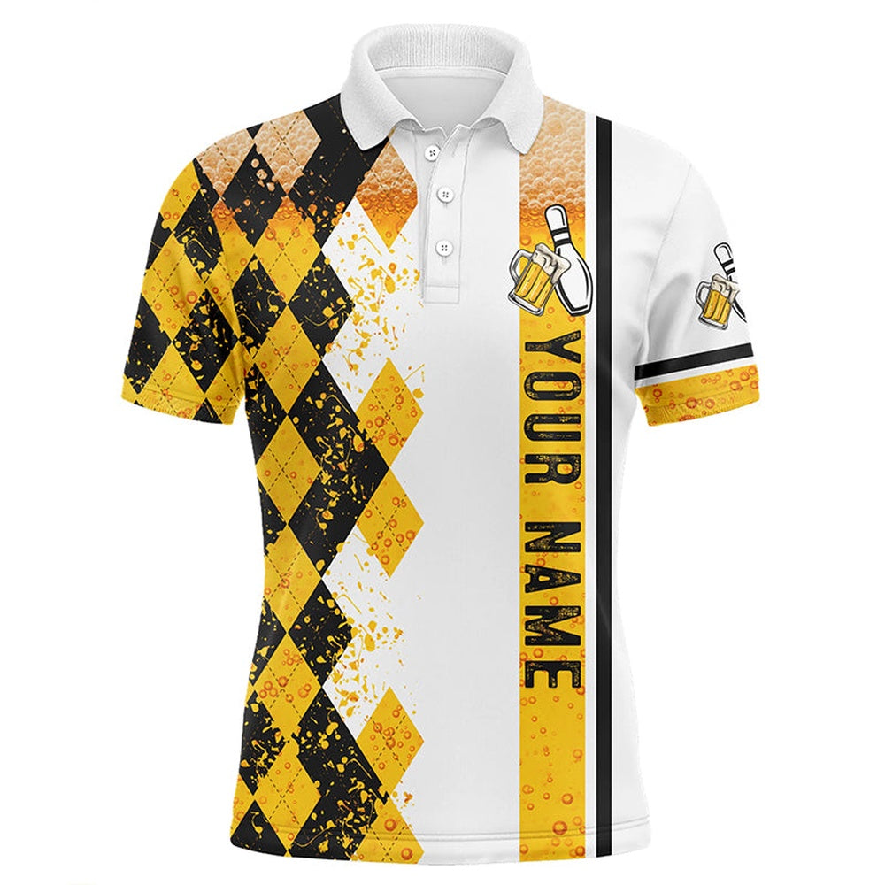 Custom Bowling Polo Shirts, Funny Black And Yellow Argyle Bowling Beer Polo Shirts For Men Custom Team Bowling Jerseys For Mens