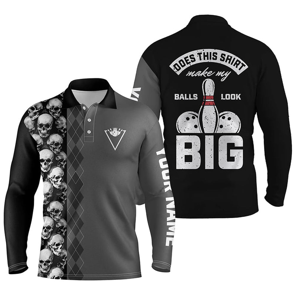 Custom Bowling Polo Shirts, Funny Black Skull Bowling Polo Shirt For Men Custom Name Does This Shirt Make My Balls Look Big
