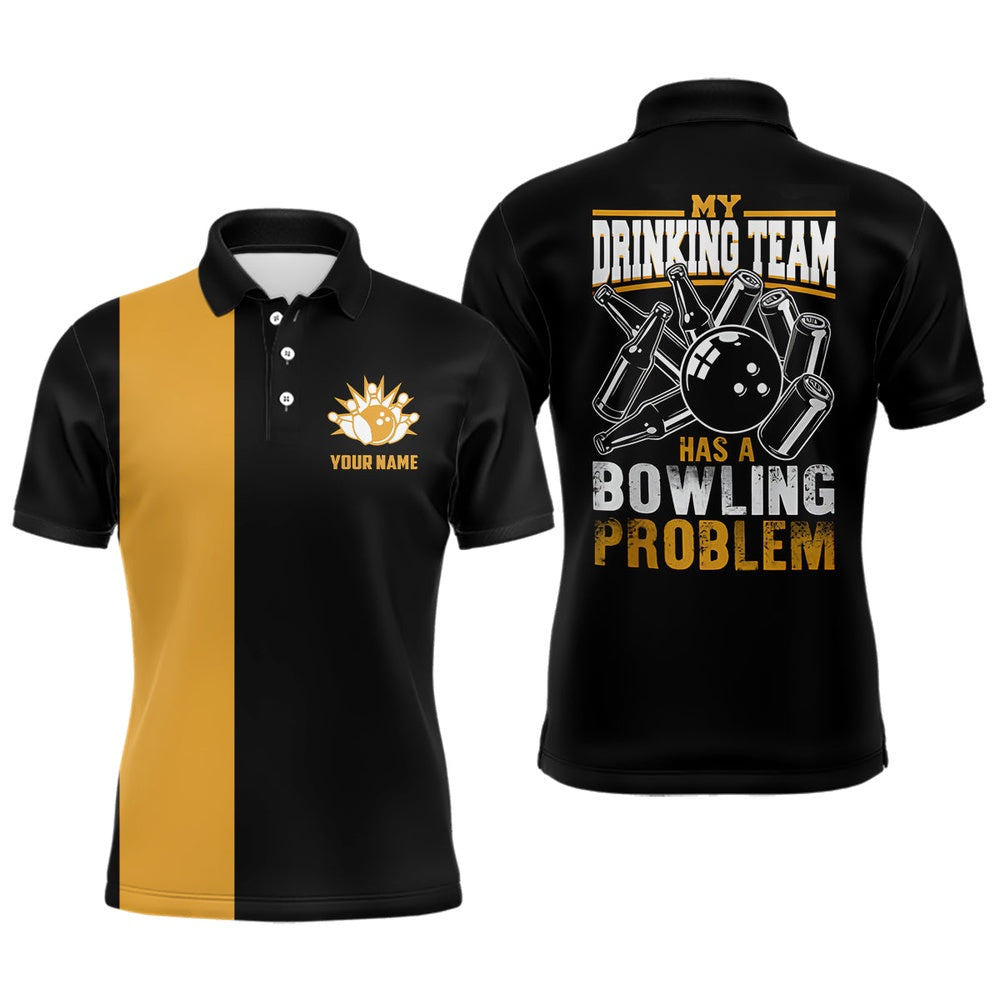 Custom Bowling Polo Shirts, Funny Black Yellow Retro Bowling Polo Shirts For Men Custom My Drinking Team Has A Bowling Problem