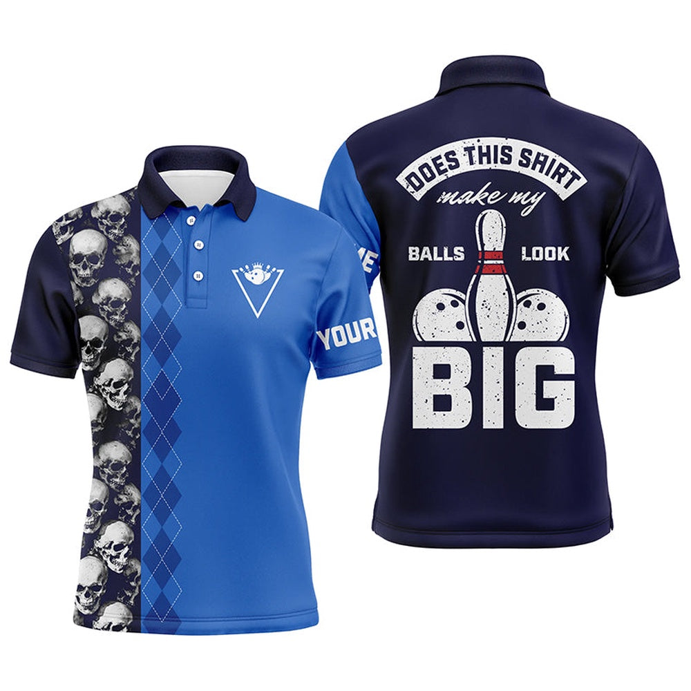 Custom Bowling Polo Shirts, Funny Blue Skull Bowling Polo Shirt For Men Custom Name Does This Shirt Make My Balls Look Big