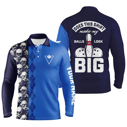 Custom Bowling Polo Shirts, Funny Blue Skull Bowling Polo Shirt For Men Custom Name Does This Shirt Make My Balls Look Big