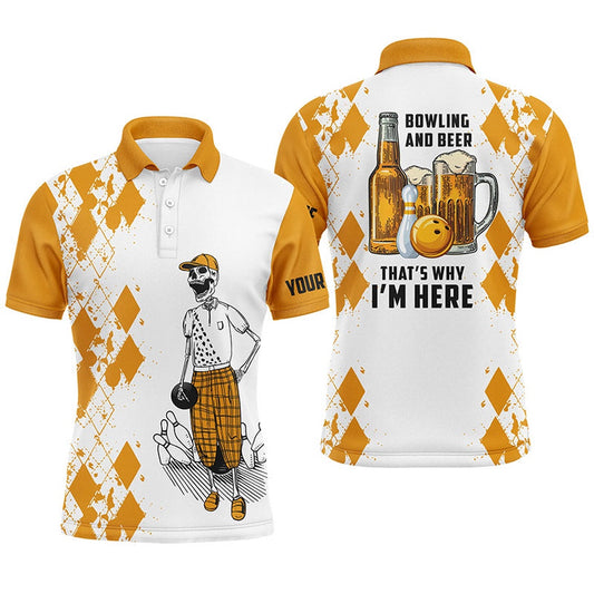 Custom Bowling Polo Shirts, Funny Bowling Beer Skull Bowling Shirts For Men Custom Name Bowling And Beer That'S Why I'M Here