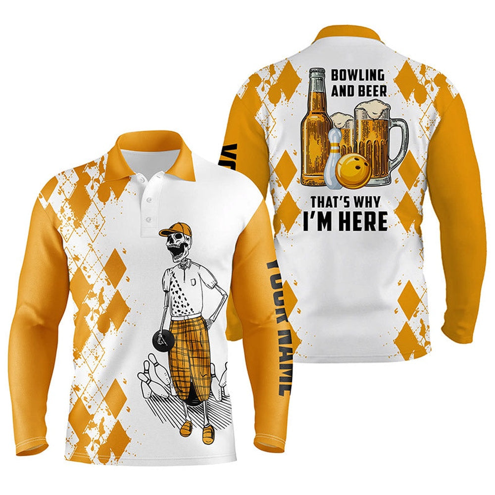 Custom Bowling Polo Shirts, Funny Bowling Beer Skull Bowling Shirts For Men Custom Name Bowling And Beer That'S Why I'M Here