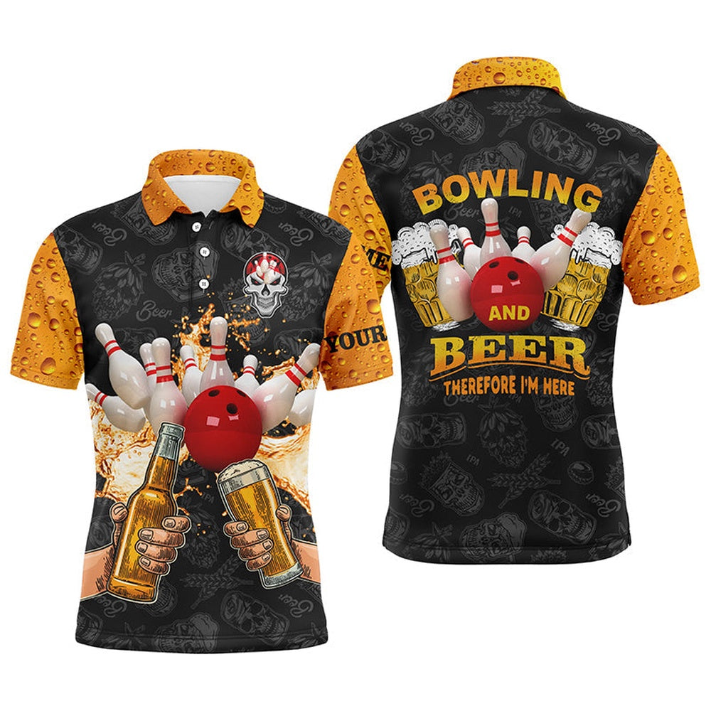 Custom Bowling Polo Shirts, Funny Bowling Beer Skull Bowling Shirts For Men Custom Name Bowling And Beer Therefore I'M Here