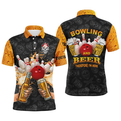 Custom Bowling Polo Shirts, Funny Bowling Beer Skull Bowling Shirts For Men Custom Name Bowling And Beer Therefore I'M Here