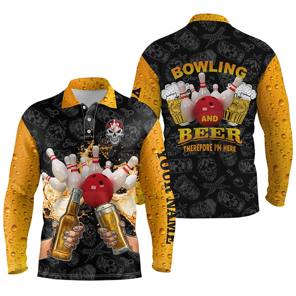 Custom Bowling Polo Shirts, Funny Bowling Beer Skull Bowling Shirts For Men Custom Name Bowling And Beer Therefore I'M Here