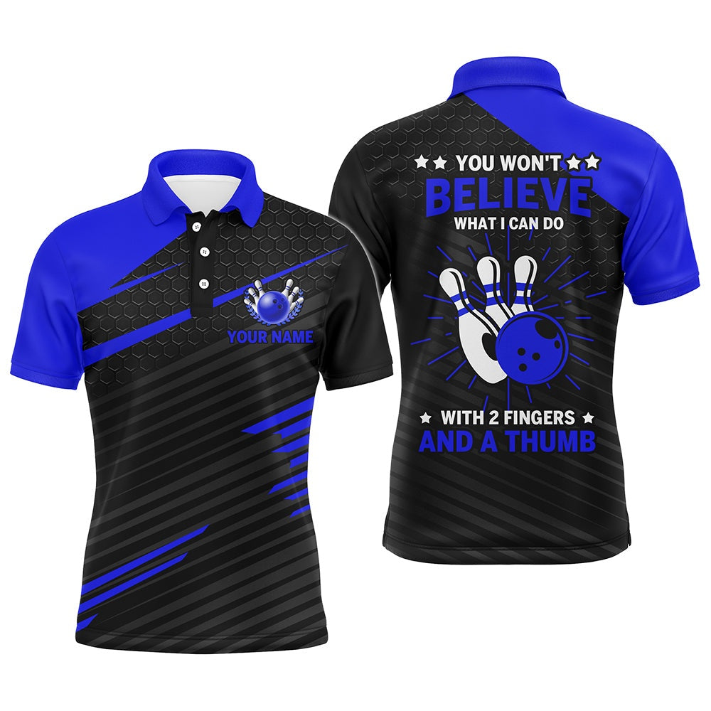 Custom Bowling Polo Shirts, Funny Bowling Polo Shirt For Men, Blue & Black Custom Bowling Jersey, Fingers And A Thumb