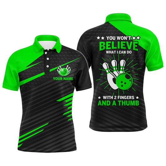 Custom Bowling Polo Shirts, Funny Bowling Polo Shirt For Men, Green & Black Custom Bowling Jersey, Fingers And A Thumb