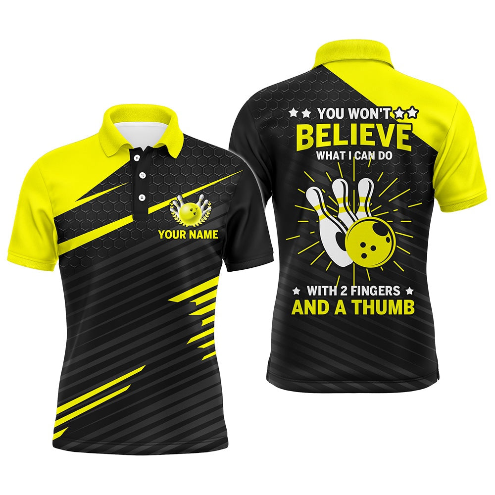 Custom Bowling Polo Shirts, Funny Bowling Polo Shirt For Men, Yellow & Black Custom Bowling Jersey, Fingers And A Thumb