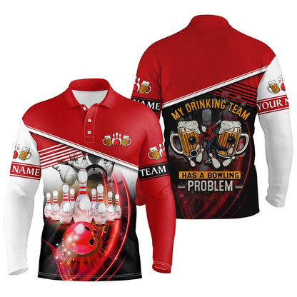 Custom Bowling Polo Shirts, Funny Bowling Polo Shirts For Men Custom Team Name My Drinking Team Has A Bowling Problem Red